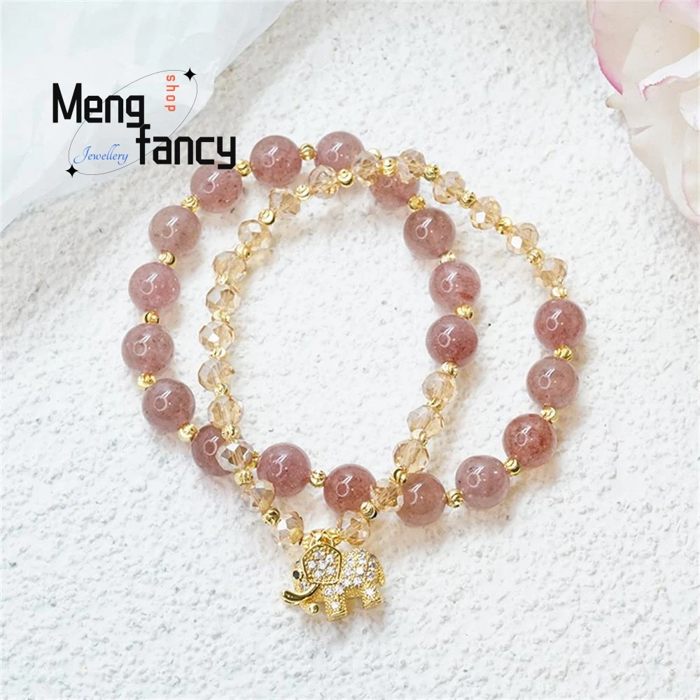 Natural Color Hair Crystal Bracelet New Exquisite Auspicious Elephant Pendant Double Circle Strings Strawberry Crystal Jewelry