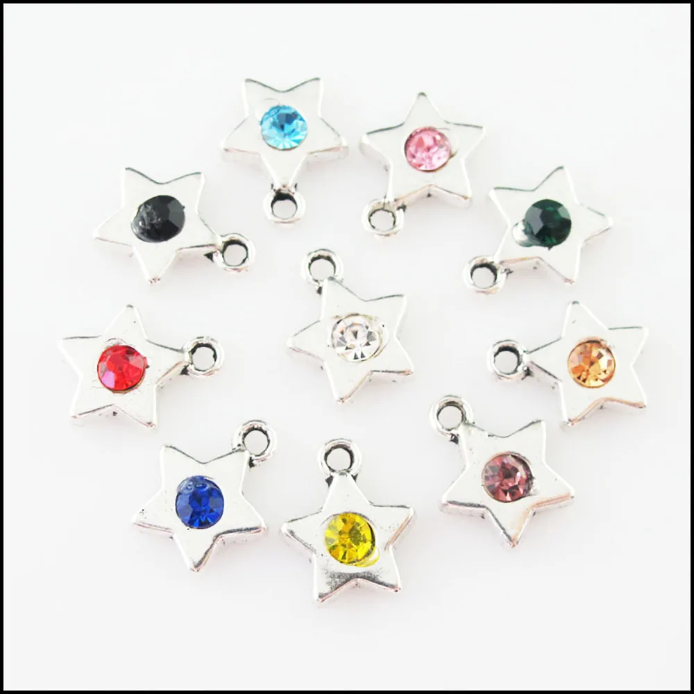 Fashion 20Pcs Mixed Crystal Tibetan Silver Plated Star Charms Pendants 11.5x14mm
