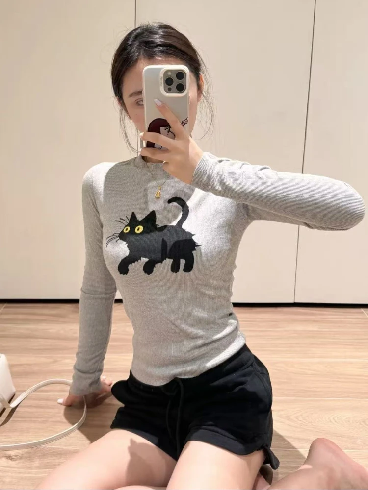 

New Korean Style Fashion Cat Print T-shirts Autumn Winter Sweet Pullover Women Y2k Aesthetic Match Harajuku Long Sleeve Tops
