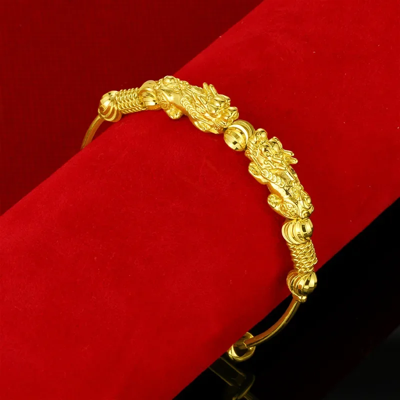 Original 18 K Yellow Gold Color Money Pixiu Transfer Beads Bracelets for Women Baby Golden Bangles Fine Jewelry Gifts Not Fade