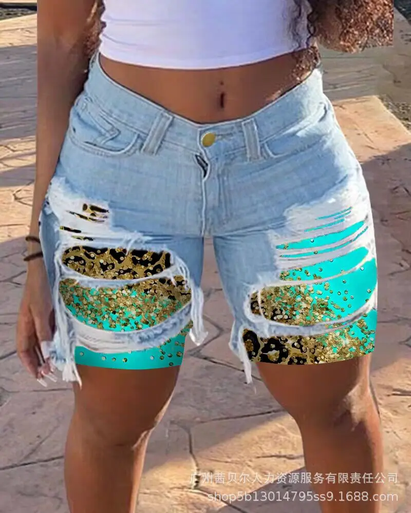 2025 American European Summer New Fashion Women's Slim Knee Length Hole Patched Denim Shorts Female Casual Trendy Denim Clothes