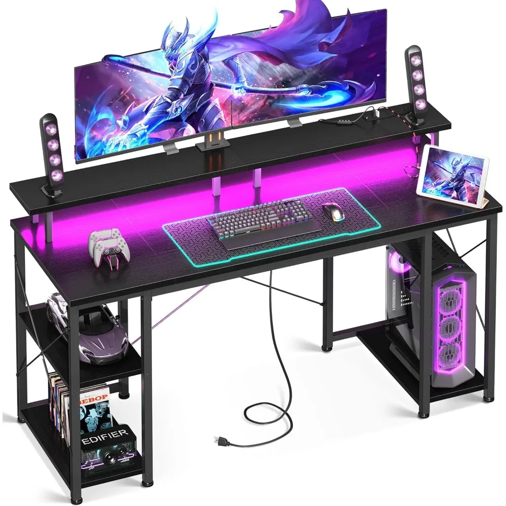 

55 inch Gaming Desk with LED Lights & Power Outlets, Computer Desk with Monitor Stand & Storage Shelves, CPU Stand, Home Office