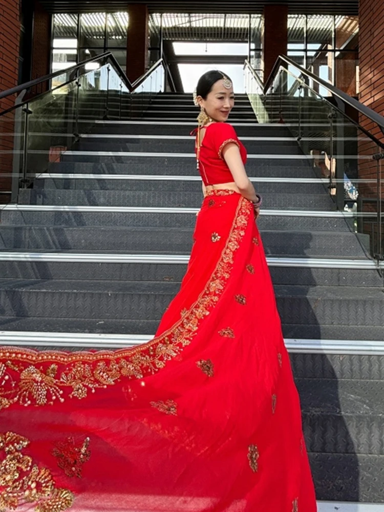 Red Indian Dance Costume Bollywood Dance Stage Performance Clothing Female Punjabi Costume Women Oriental Dance Clothes DQL10758