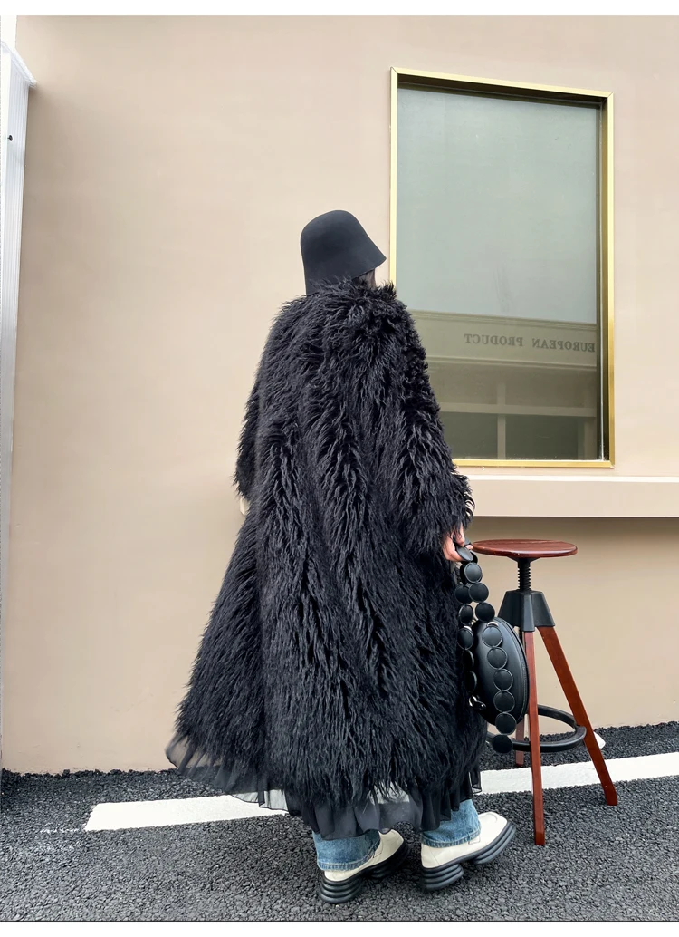 Lady Personalized Black Faux Fur Coat with Peplum Hem Female Streetwea Long Jacke Winter Coats For Wome