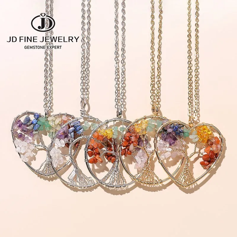 JD Natural Crystal Seven Chakras Gravel Stone Tree Of Life Pendant Necklace Women Men Fashion Healing Stainless Steel Choker
