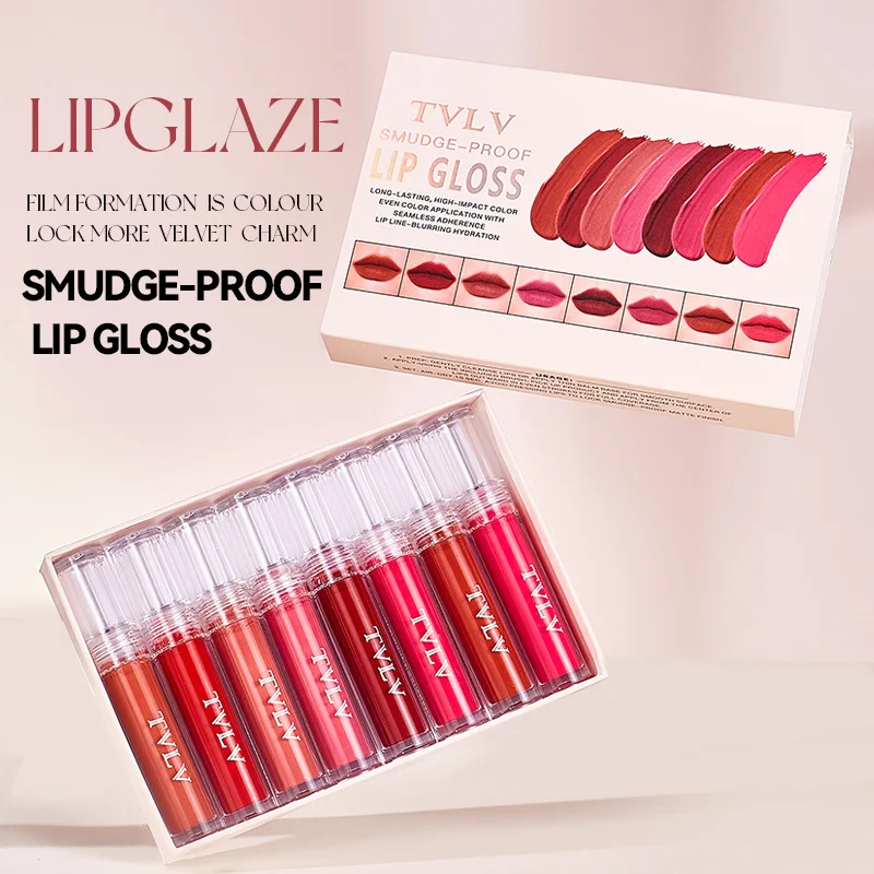 Conjunto de brilho labial de veludo fosco, 8 cores, à prova d'água, batom líquido, cor nua, cosméticos, brilho labial vermelho, beleza