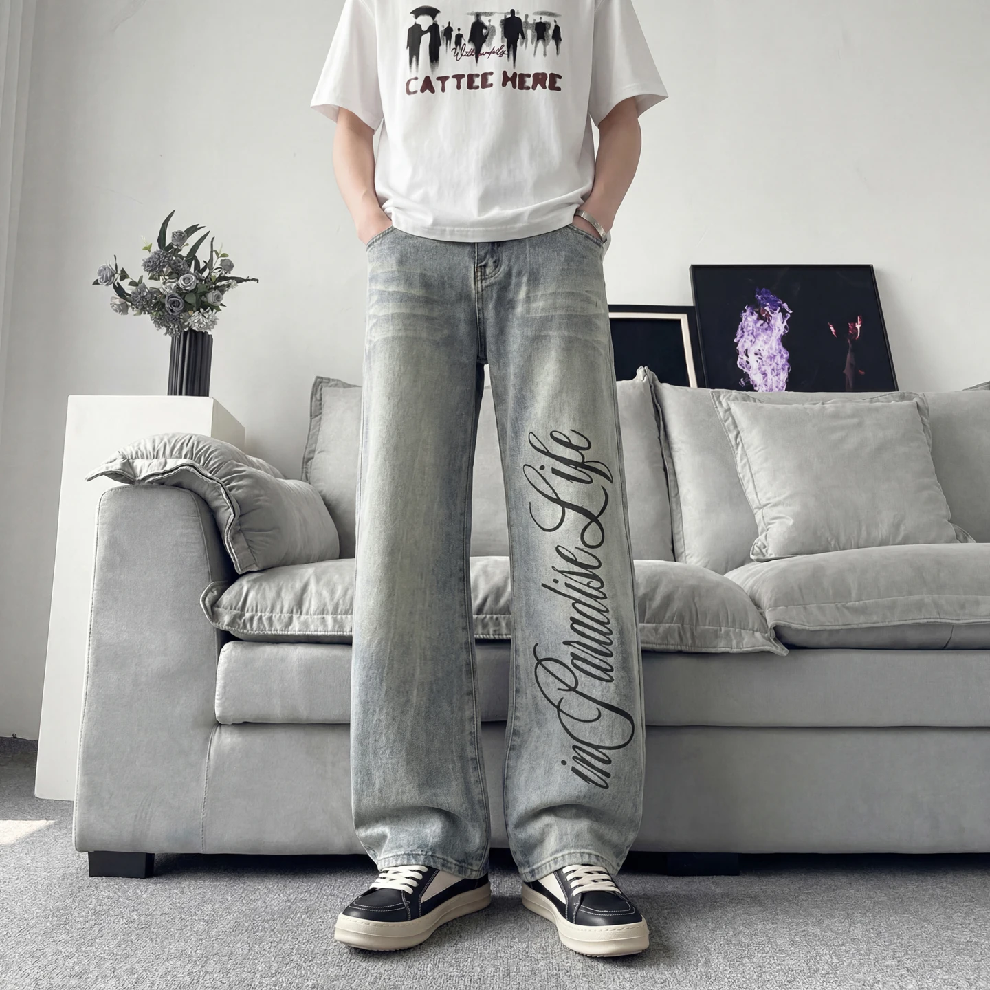 Men's Jeans Premium Washed Vintage Flare Denim Pants Streetwear Gothic Print Man Pants Slim Fit Hip Hop Black