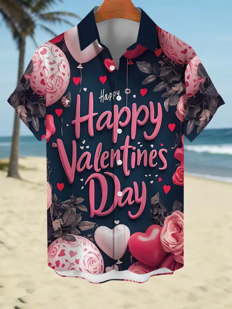 

Happy Valentine's Day Beach Shirts Men's 3D All-Over Print Love Symbol Short Sleeve Button Aloha Shirts Casual Blouse Gift