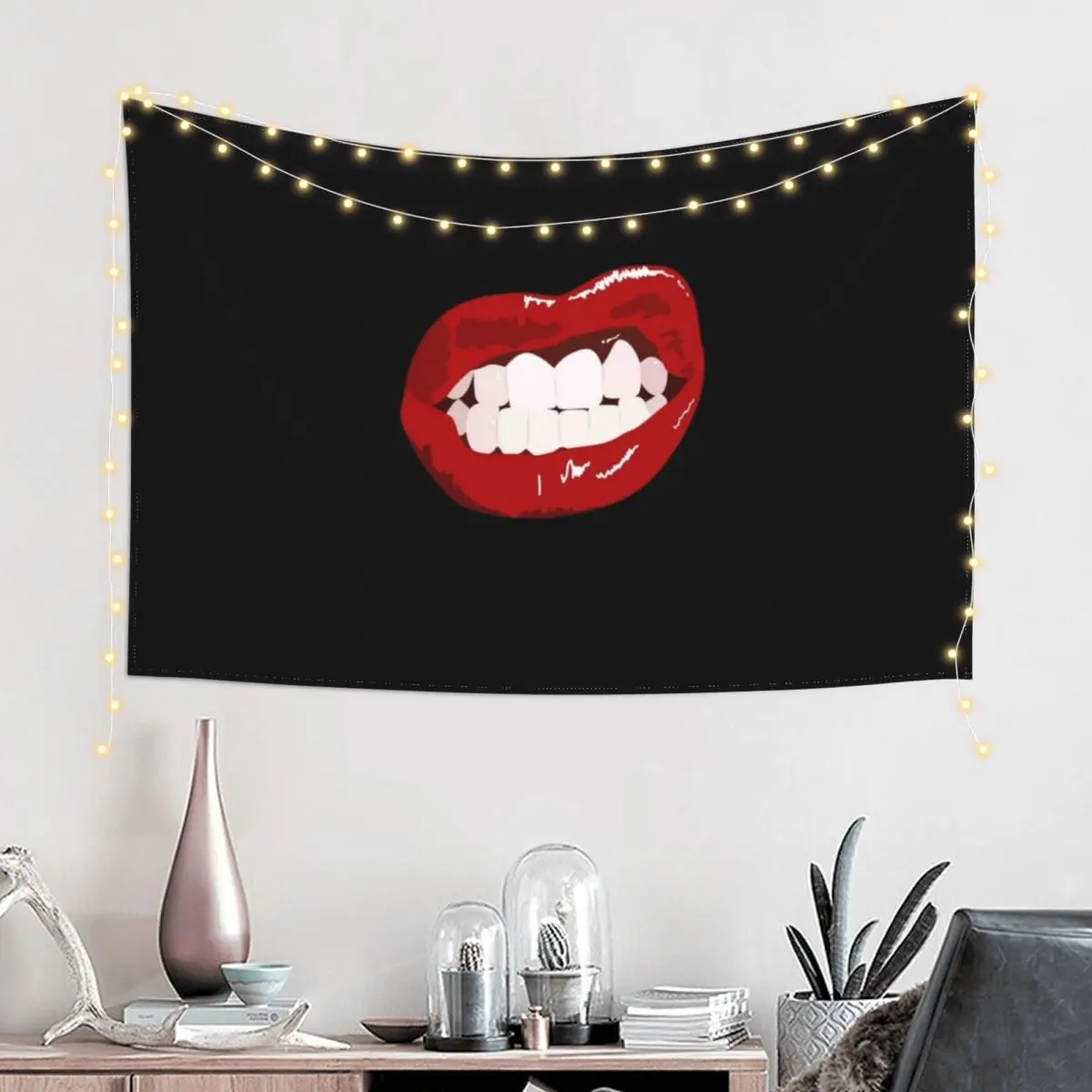 Women mouth sexy red lips, Girly lip bite, teeth showing Tapestry Home Supplies Wall Deco Tapestry