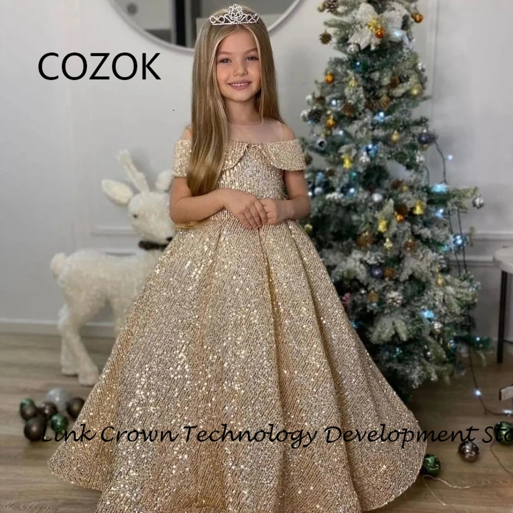 

COZOK Boat Neck Champagne Flower Girls Dresses with Sequined 2024 Summer A Line Sleeveless Off Shoulder Christmas Dresses New