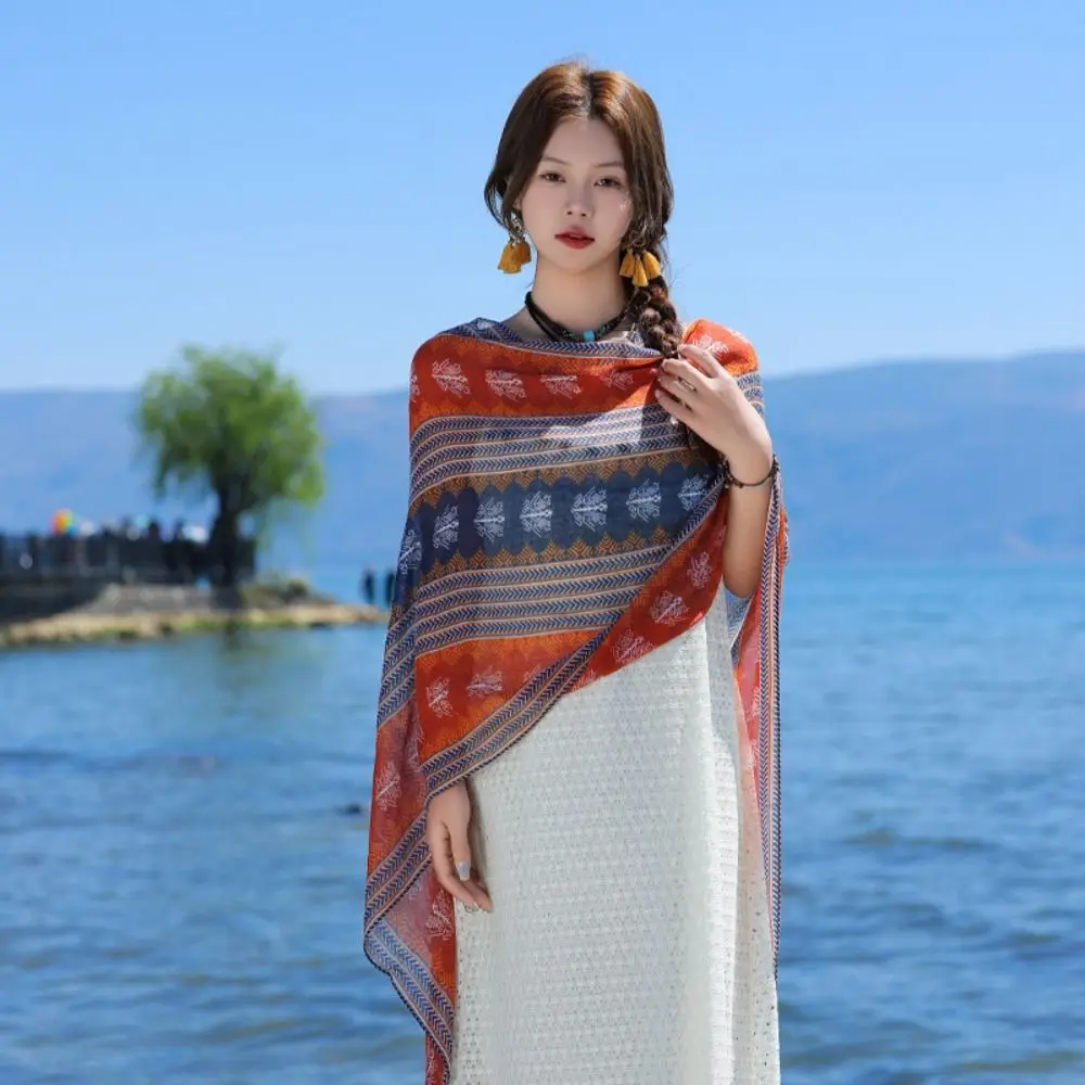 

Повседневная шаль с защитой от солнца в этническом стиле, солнцезащитная шаль с цветочным принтом, пляжный шарф с пуговицами в китайском стиле, уличный