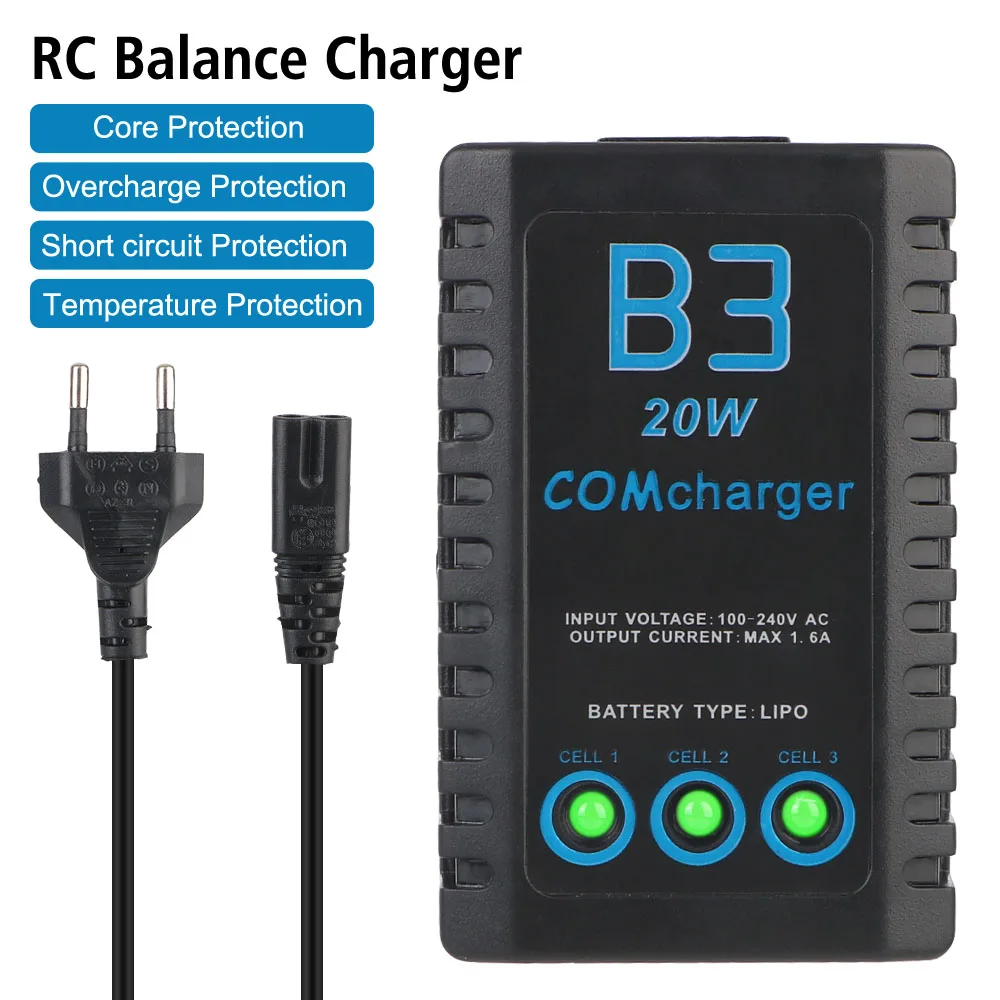 Compact Balance Charger EU Plug 2S-3S RC Balance Charger AC 7.4-11.1V 20W LiPo Battery Charger LED lights For RC Car Helicopter