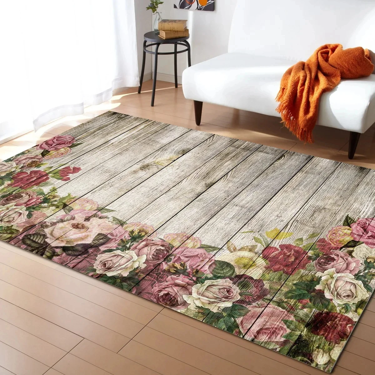 Flowers Wooden Board Printed Area Rug Wood Grain Floral Retro Carpets for Living Room Household Bedside Mats Bedroom Floor Mat