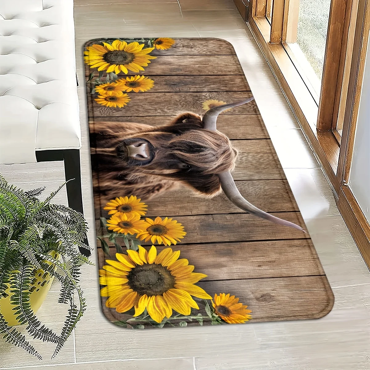 Rustic Wooden Board Long Runner Mat Highland Cow Bright Sunflower Vintage Farm Animal Floral Print Floor Rug Kitchen  Farmhouse