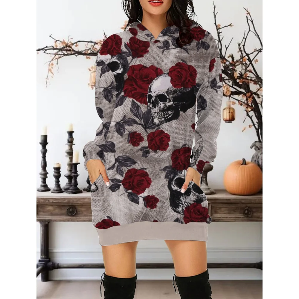 2024 New In Autumn Women Hoodies&Sweatshirts Dress Gothic Skull And Rose All Saints\' Day Clothes oversize Hoodie Short Dress