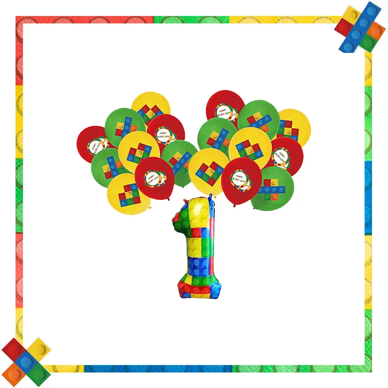 Building Block Birthday Party Decorations Cake Toppers Candy Box Paper Cup Plate Building Block Balloon For Kid Party Decoration