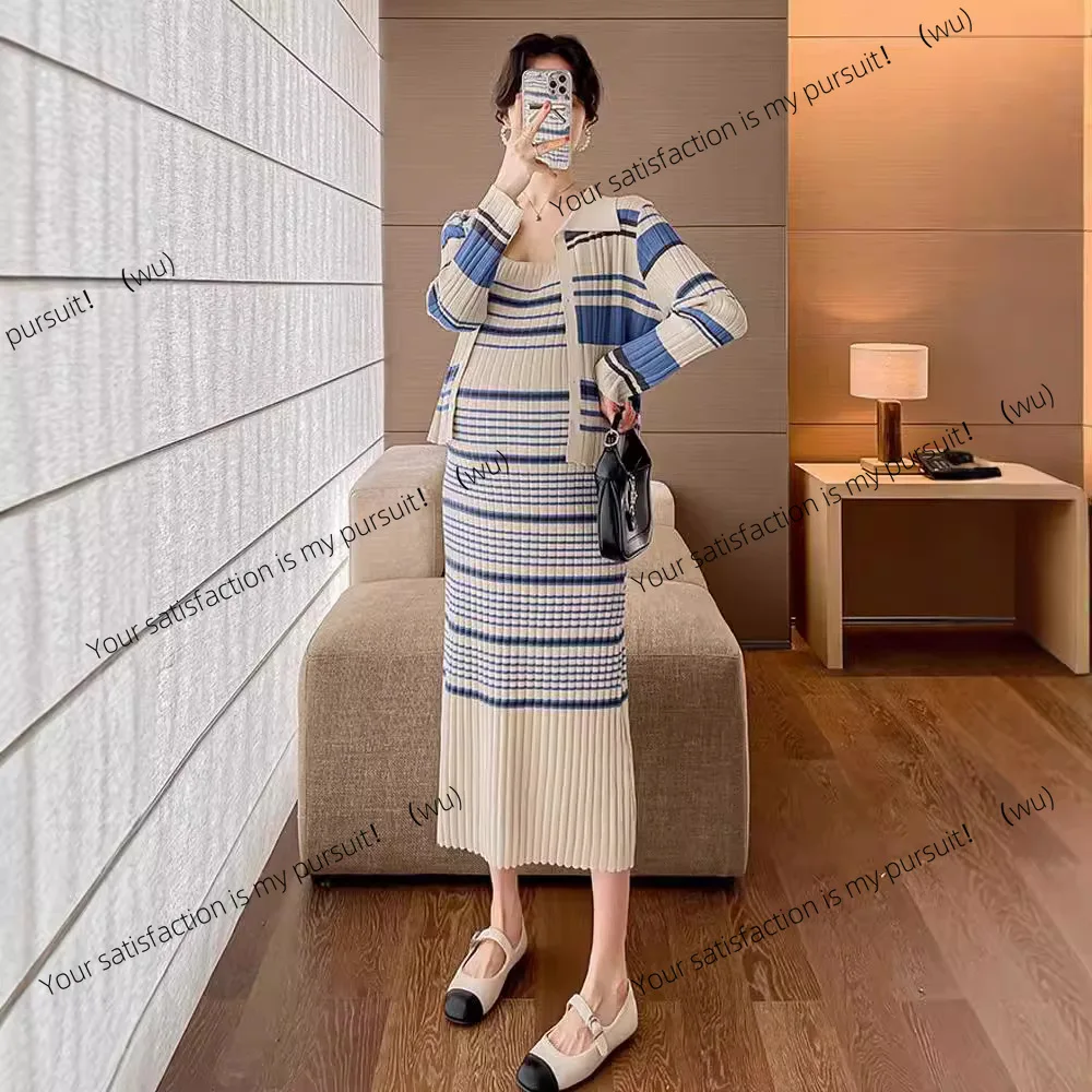 Pakaian hamil musim semi dan musim gugur bergaris gaya harum ringan kardigan tipis gaun rajut setelan dua potong musim gugur