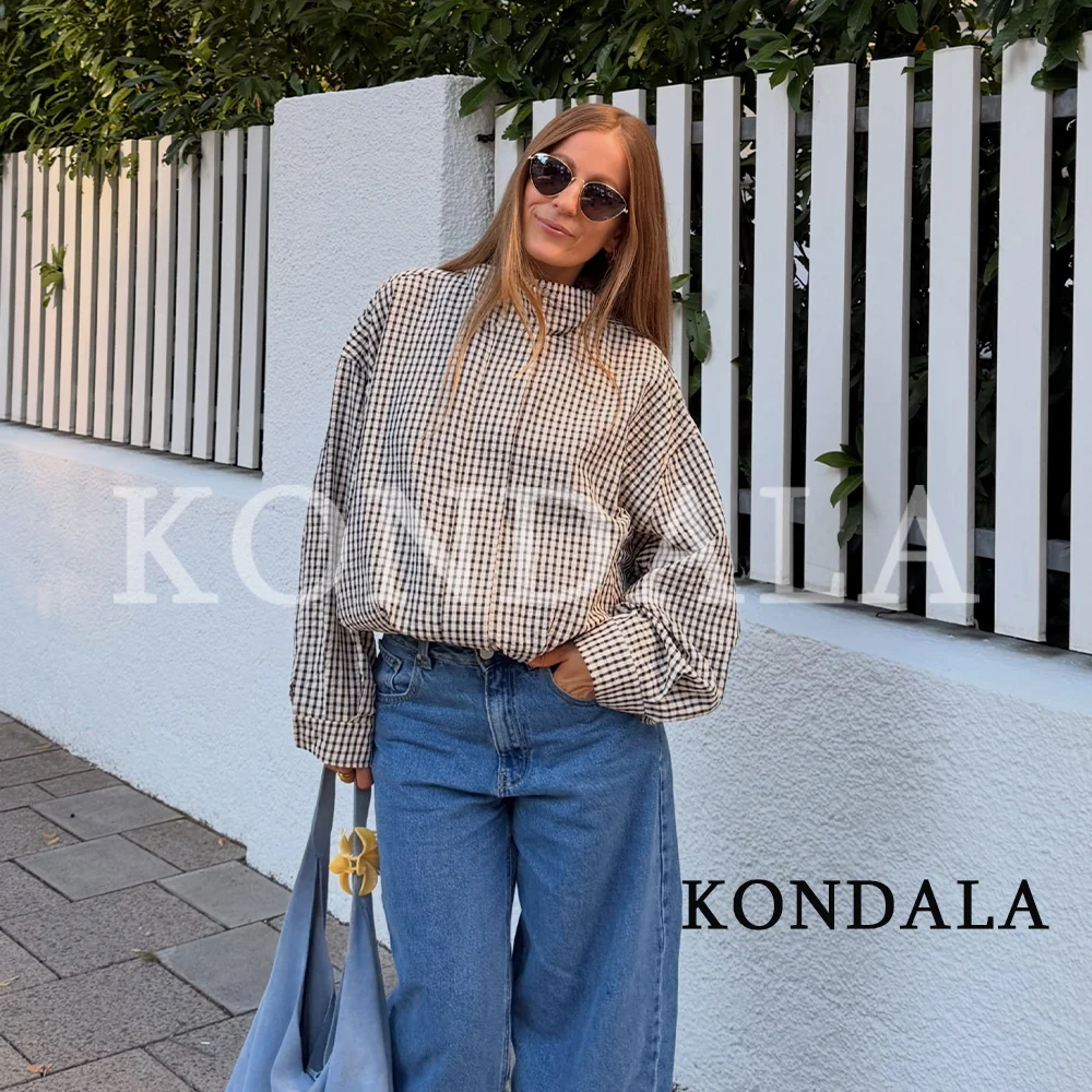 KONDALA Women Casual Plaid Zip-up Jacket Chic Street Style Stand-Collar Jacket 2026 Summer Early Fall Trendy Holiday Lady Jacket