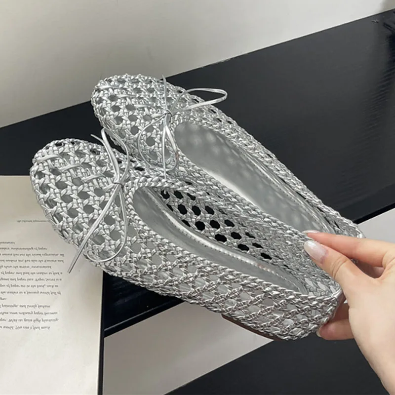 

Fashion Handmade Weave Mesh Flat Heels Women Loafers Butterfly Knot Round Toe Casual Ladies Shoes Outdoor Sandals Large size 43