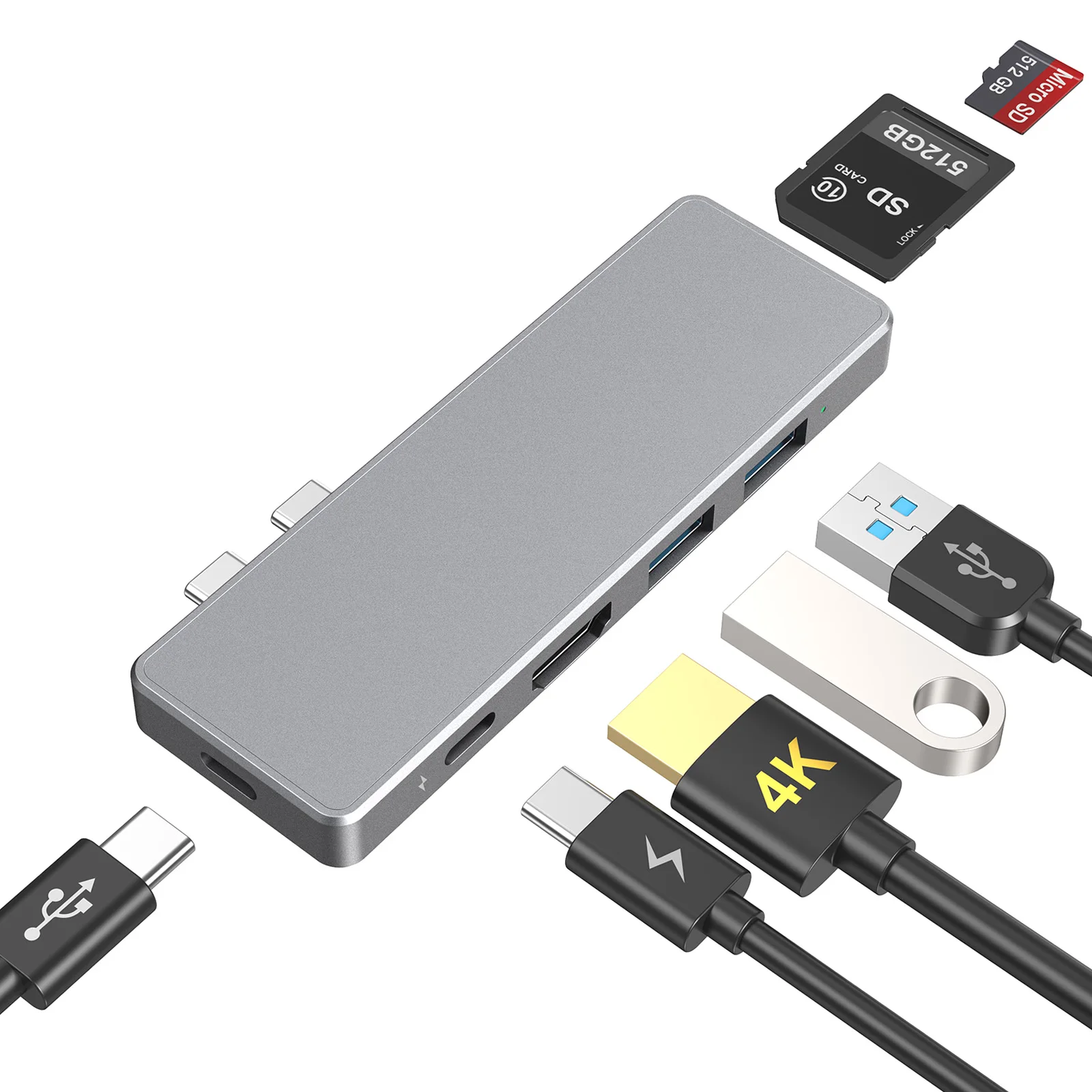 7-in-2 Aluminium-Legierung USB-C Hub Adapter mit 2 Thunderbolt 3 Anschlüssen USB Typ-C PD-Anschluss USB-C Datenübertragungsanschluss 4K Video HD