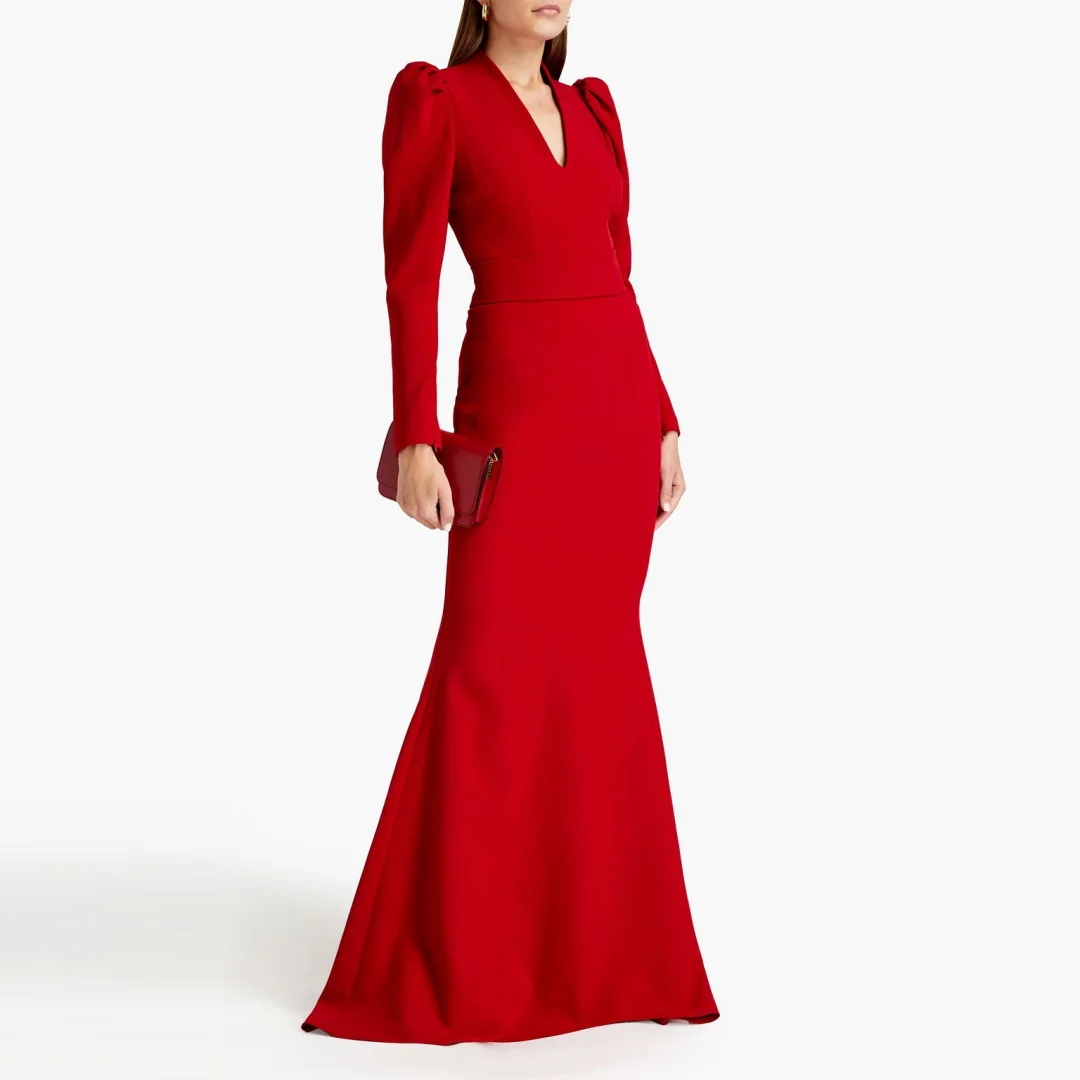 OIMG Elegant Red Prom Dresses Long Sleeves V-Neck Floor Length Crepe Satin Ruched Mermaid Evening Gowns Formal Party Dress