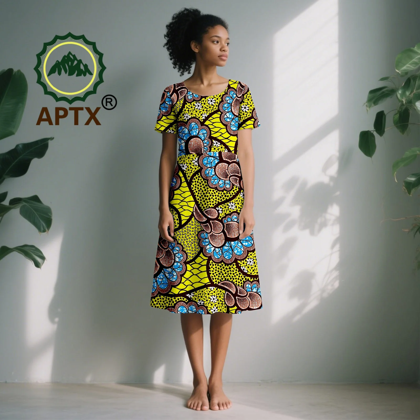 アフリカンドレス女性用アンカラプリントOネック半袖膝丈ドレスダシキエレガントファッションカジュアルパーティードレス