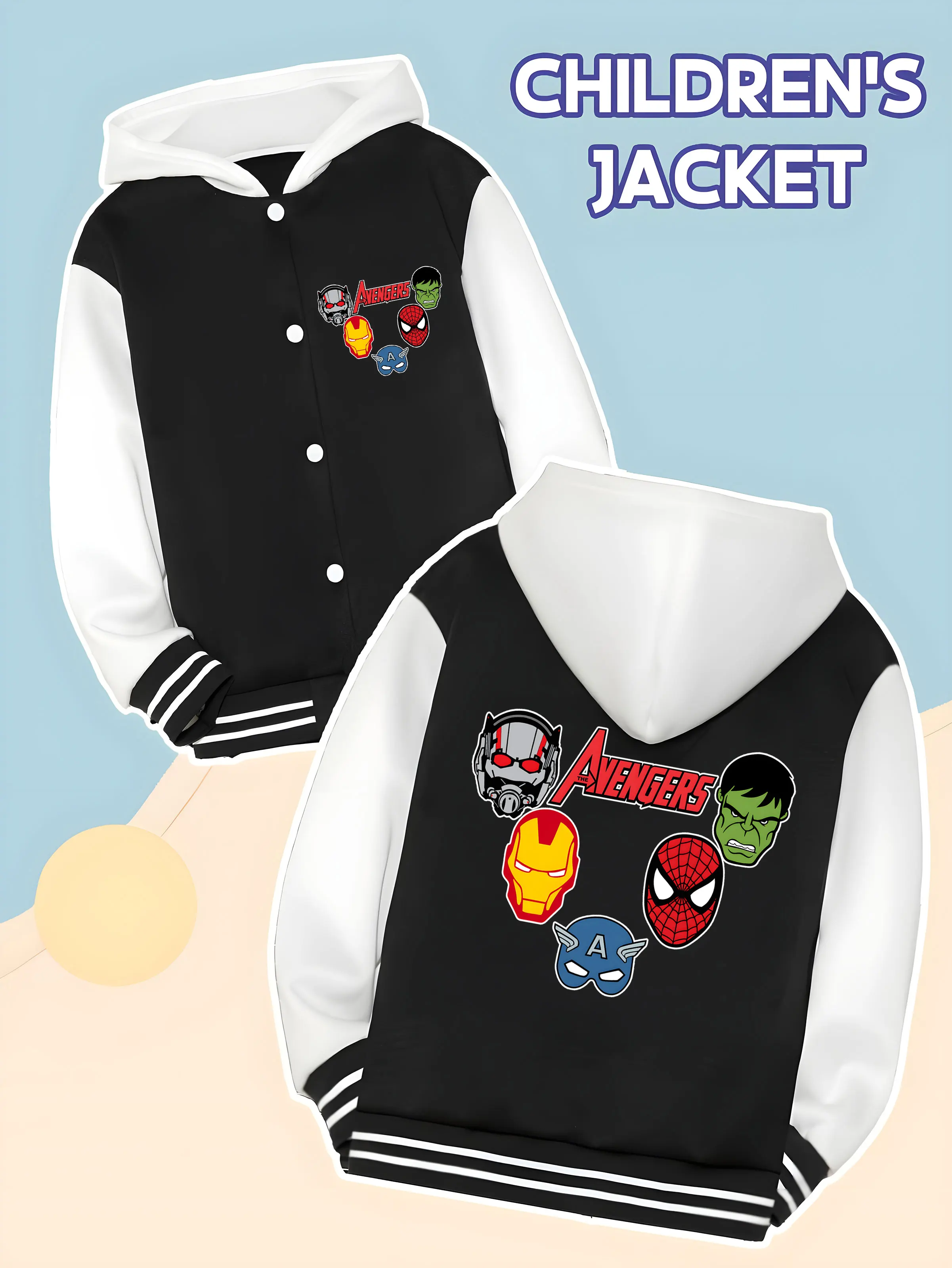 

MINISO Marvel Avengers Hero Portrait Boys Baseball Jacket - Avengers hero portrait print, double-sided display of classic charac