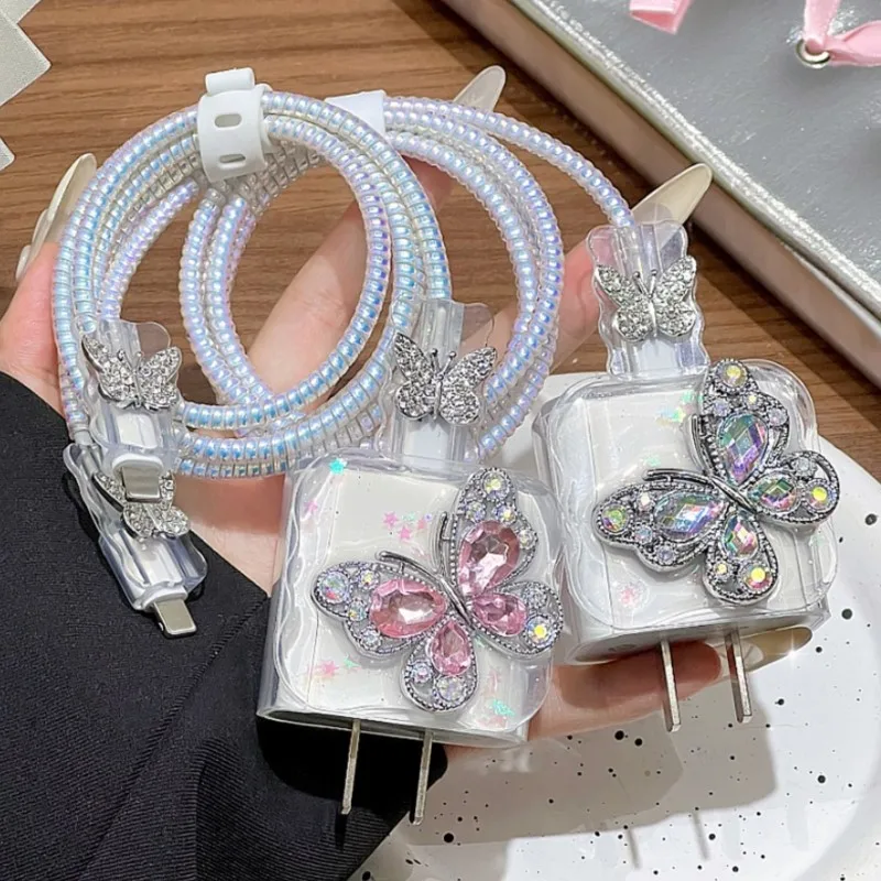 Diamond Butterfly Charging Data Cable Protector Winder Accessories for iPhone 18W 20w Fast Charger Protective Cases Cover Sleeve