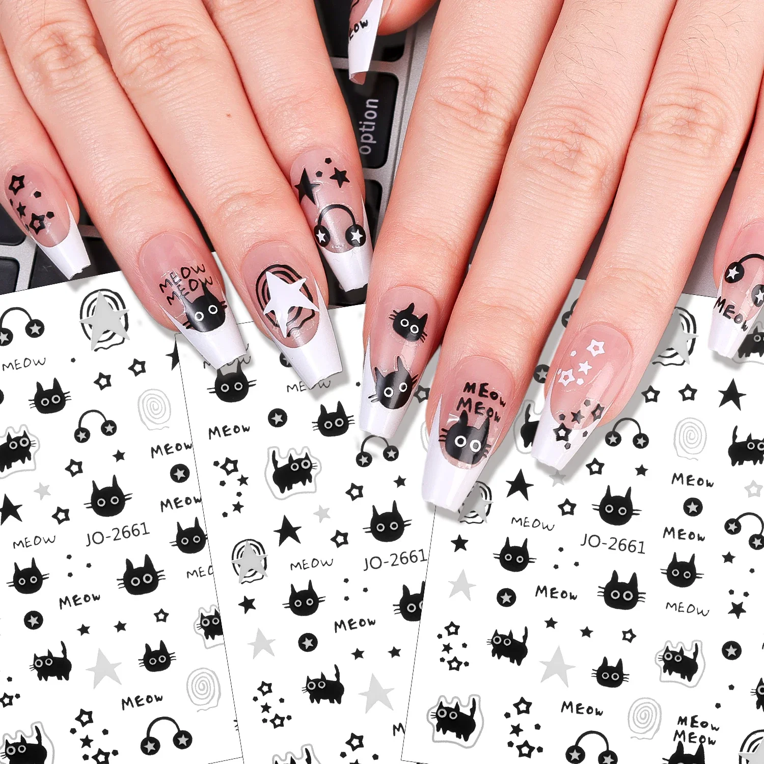 1-10PCS Y2K Black Cat Nail Stickers Kawaii Cartoon Animal Paw Sliders Nail Arts 3D Silver Stars Letters Manicure Decals Tools