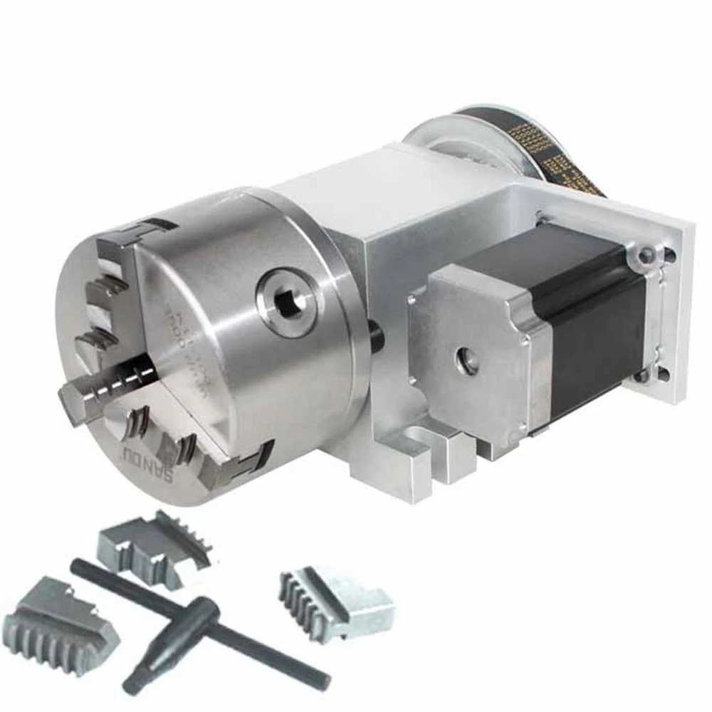 

cnc A 4th rotate axis pulley reducer with 100mm chuck through hole 22mm nema 23 stepper motor
