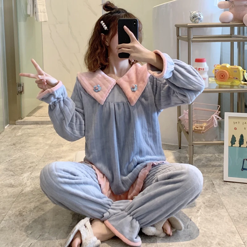 Autumn Sweet Princess Pajamas Set Women Cute Bunny Coral Fleece Warm Sleepwear Home Clothes Girls Kawaii Cartoon Pijama 2 Piece