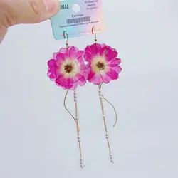 Unique Immortal Flower Long Drop Earrings Sweet Pressed Flower Earrings Handmaking Epoxy Resin Natural Flower Statement Earrings