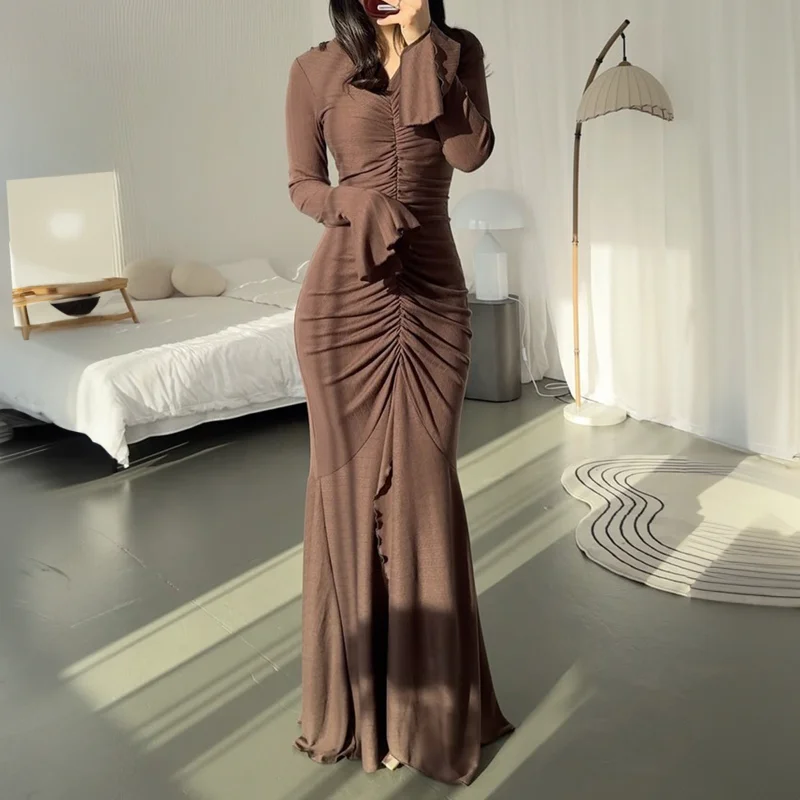 Formelles Maxikleid für Damen, quadratischer Ausschnitt, 3D-Blumenmuster, durchsichtig, langärmelig, gerüscht, geteiltes Abendkleid