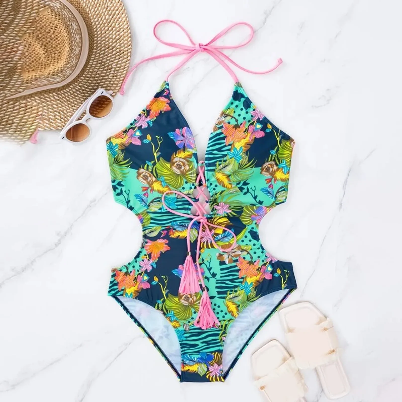 Ensemble Bikini taille haute pour femmes, maillot de bain une pièce, bretelles croisées, fermeture à pompon, taille qui fuit, boucle arrière, Bikini Sexy
