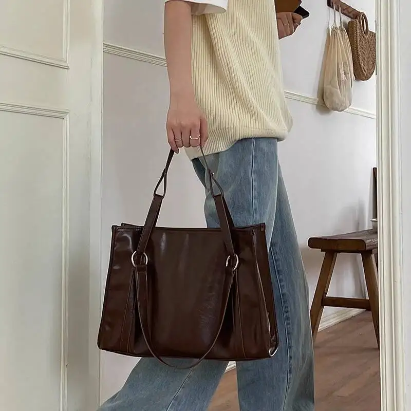 Simple Vintage Design Tote Bags High-Capacity All Match Square Shoulder Underarm Bag Fashion Grunge Y2K Women's Handbags
