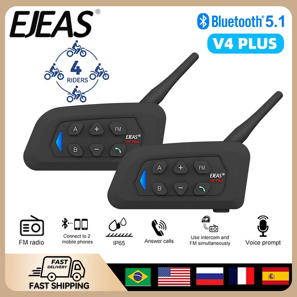 

EJEAS V4 Plus Motorcycle Helmet Bluetooth Interphone 4 Riders Distance 1500 Meters Waterproof Full Duplex IP65 Bluetooth Headset