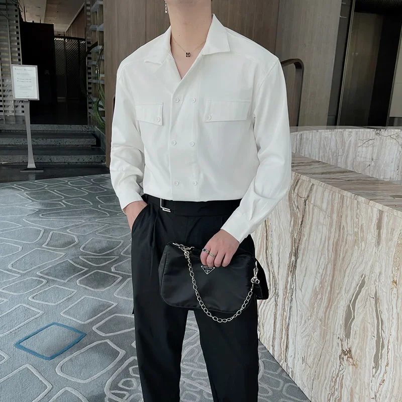 

2023 Spring and Autumn New Double Breasted Casual Long Sleeved Shirt for Men's Korean Edition Solid Color Pi Shuai