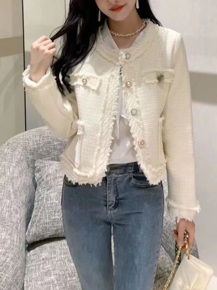 SMTHMA Korea Chic Elegant Tweed Jacket Woman Fall Button Up O-Neck