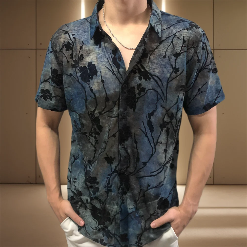 

2024 Summer Short Sleeve Shirt Flowers Shirt See Through Sexy Shirt Men Chemise Homme Luxe Blue Black Gradient Transparent Shirt