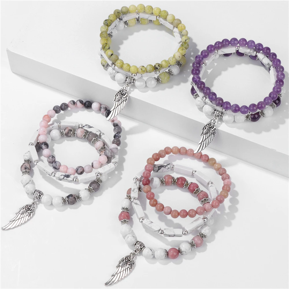 3pcs/set Multicolor Pink Zebra Beads Bracelet Women Natural Stone Quartz Crystal Rose Wing Pendant Bracelets Girls Jewelry Gift image 5