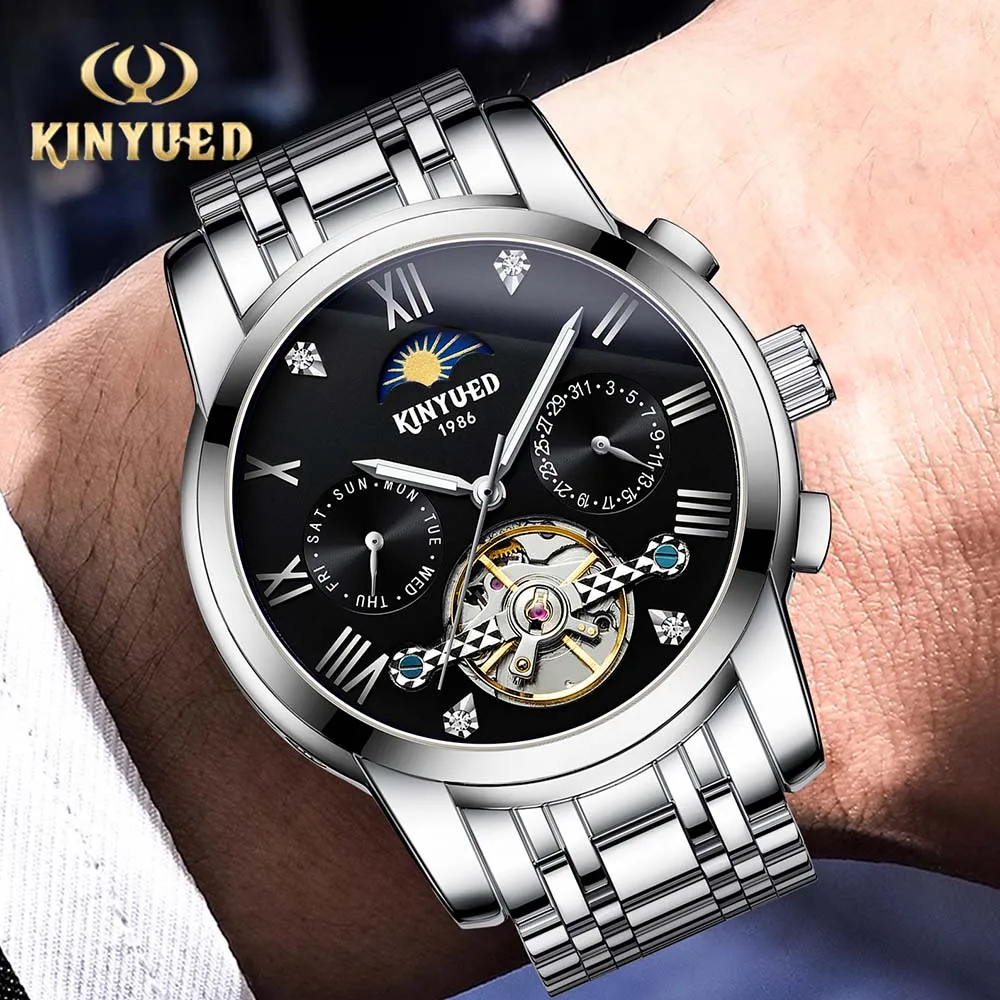 KINYUED Top Brand Men's Automatic Movement Watches Luxury Stainless Steel Mechanical Watch for Men Luminous Skeleton Dial Watch