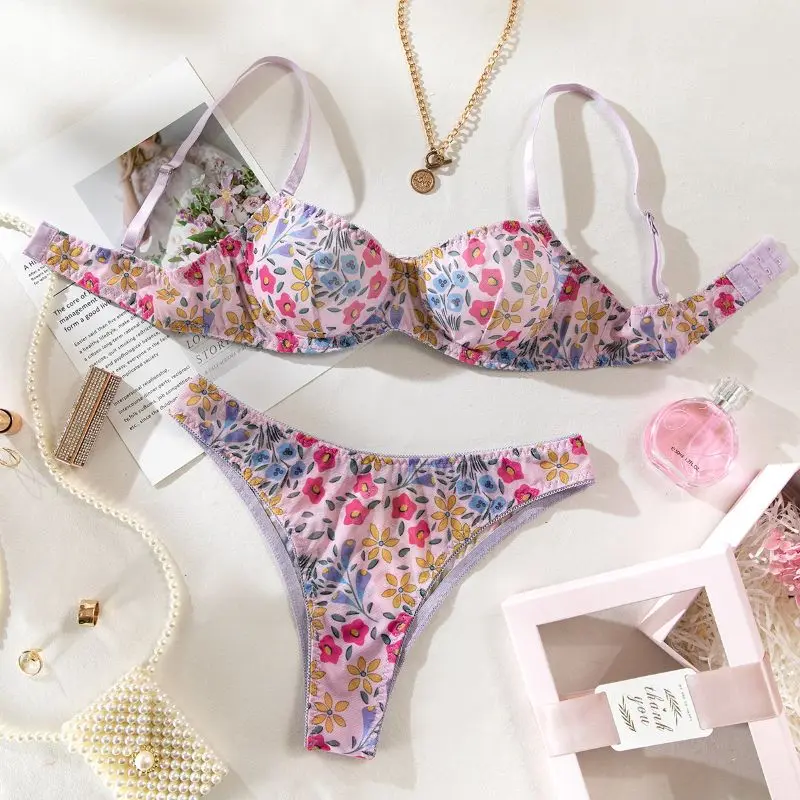 

Purple Floral Print Mesh Lingerie Set Underwire Balconette Bra & High Cut Panty Set Romantic Sleepwear Lightweight