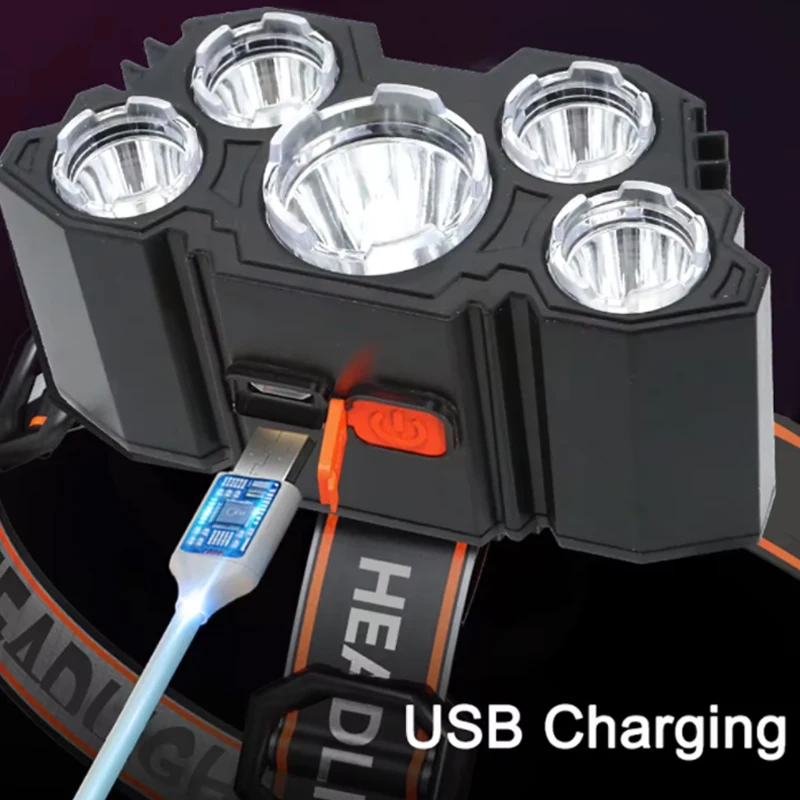 

Strong Light Camping Adventure Fishing Head Light Headlamp 5 LED Flashlight Rechargeable with Built in Battery