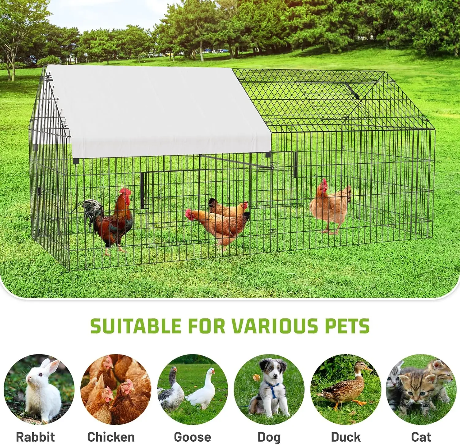 Metal Chicken Coop Chicken Run with Cover Portable Poultry Cage Walk in Hen House Outdoor Backyard Farm Animal Enclosure Crate