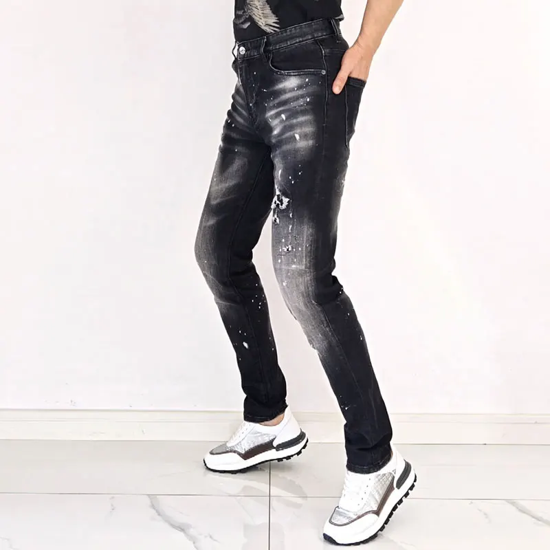 Designer fashion new men's jeans, painted, washed, nostalgic, stretchy, slim fit, black jeans, high street hip-hop brand pants,