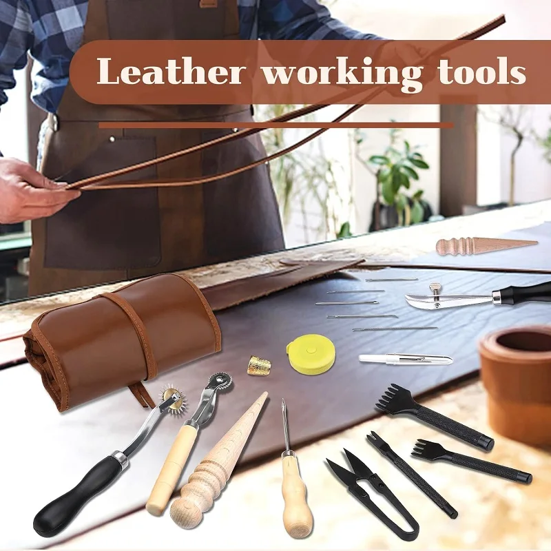 BUDDUR Leather Tools Kit With Storage Bag And Waxed Thread Instruction For Beginners DIY Leather Working Craft Accessories Set