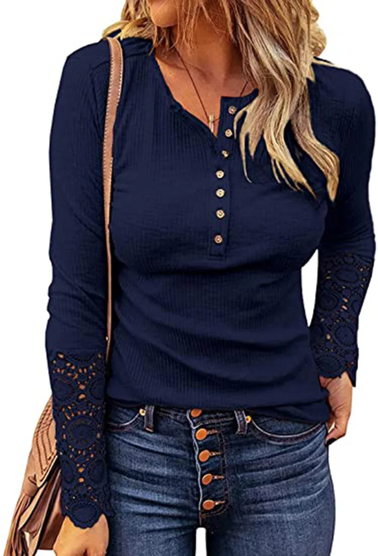 

T-shirt for Women Autumn and Winter Fashion Round Collar Splicing Lace Loose Solid Color Long Sleeve Blouse