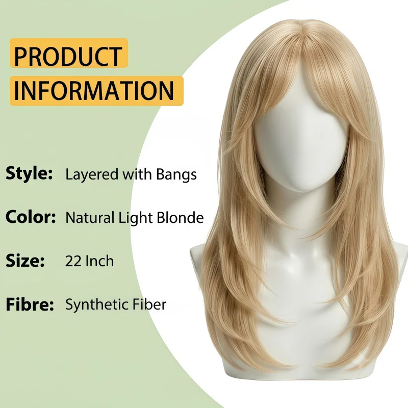 Wigs for women clearan sale, gold-colored women's wig, heat-resistant synthetic wig with bangs, suitable for beginners, elegant