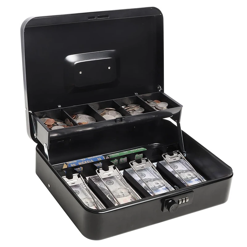 Password Cash Box with Money Tray and Key Lock Register Box Checkstand Cashier Case 4 Bill/5 Coin Slots Safety Coin Box Business