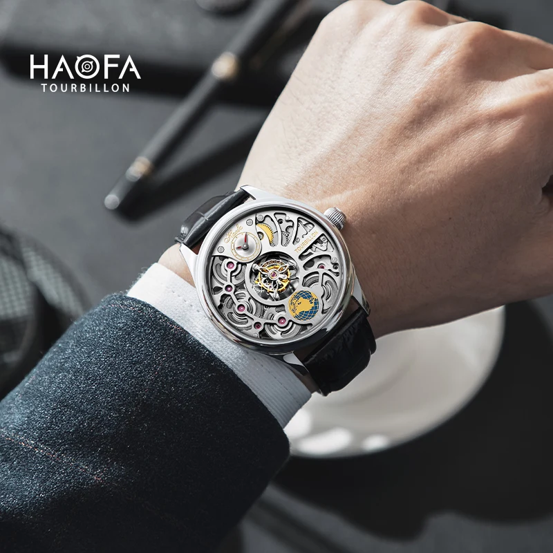 Reloj Haofa Center Tourbillon para hombre, doble esqueleto, Tourbillon manual, zafiro, resistente al agua, relojes para hombre, informal de negocios, 1037